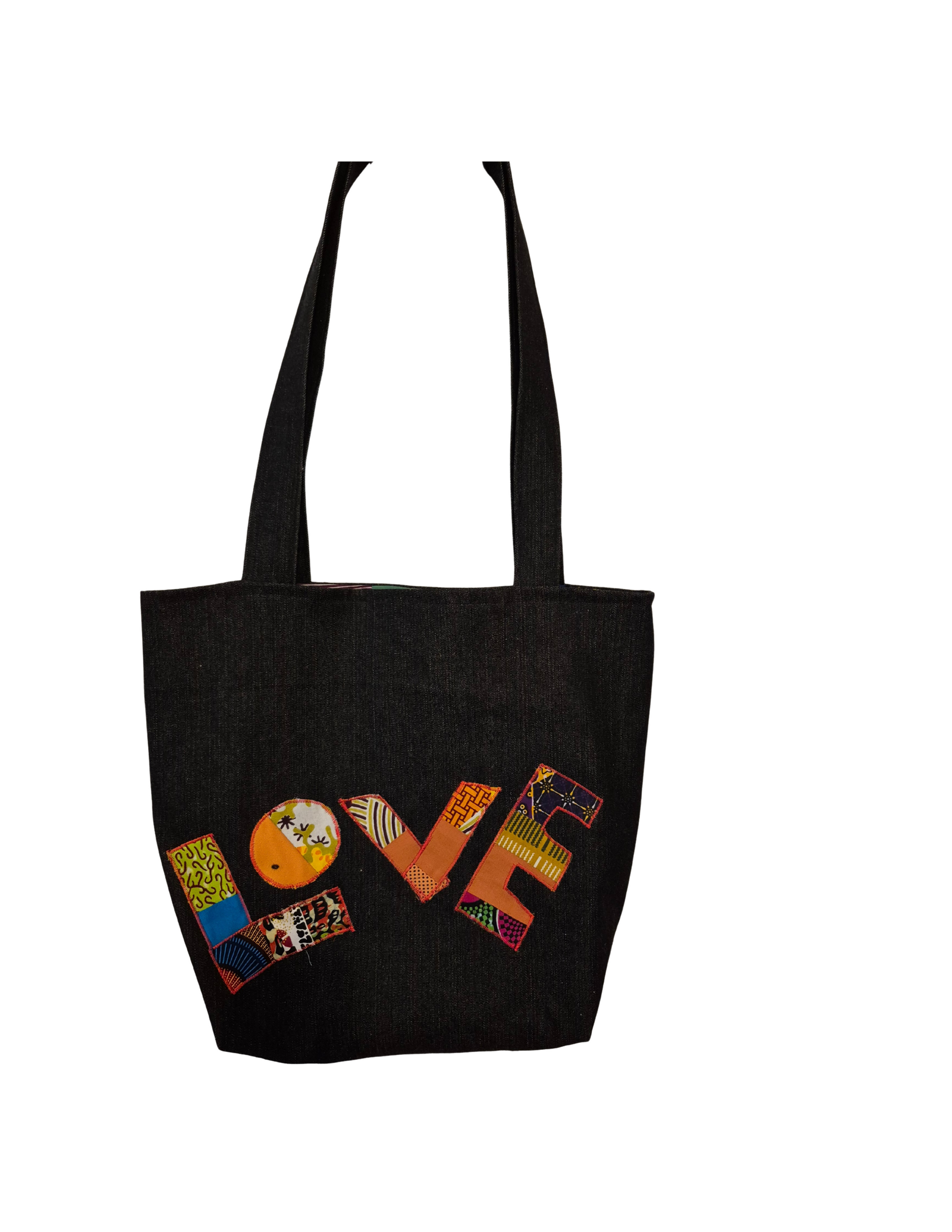 “LOVE in Denim: Square-Bottom Patchwork Tote &  Vibrant African Lining”