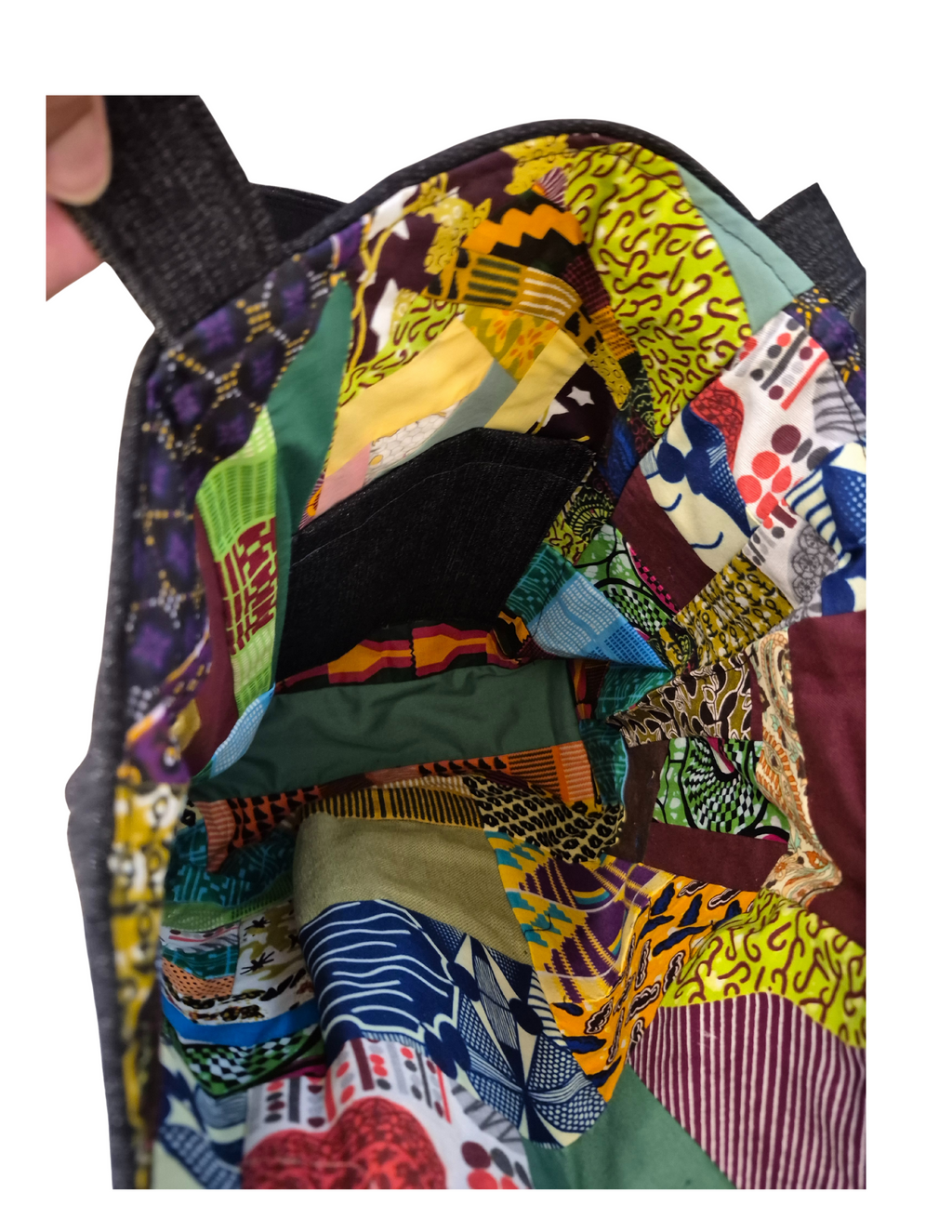 “LOVE in Denim: Square-Bottom Patchwork Tote &  Vibrant African Lining”