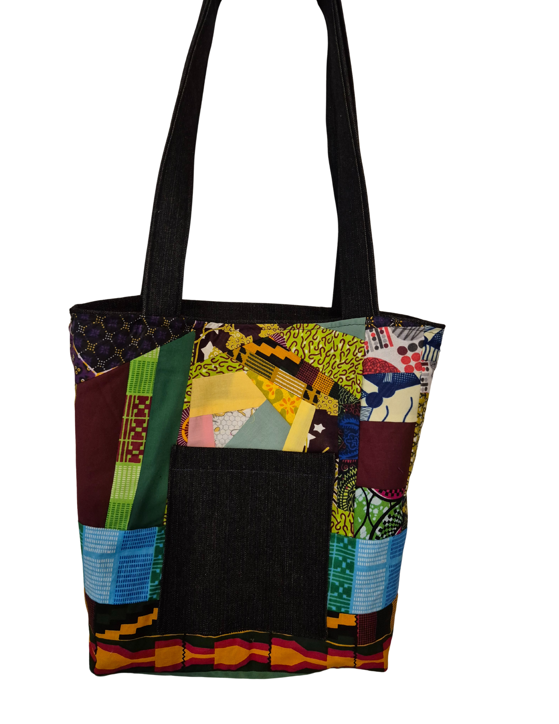 “LOVE in Denim: Square-Bottom Patchwork Tote &  Vibrant African Lining”