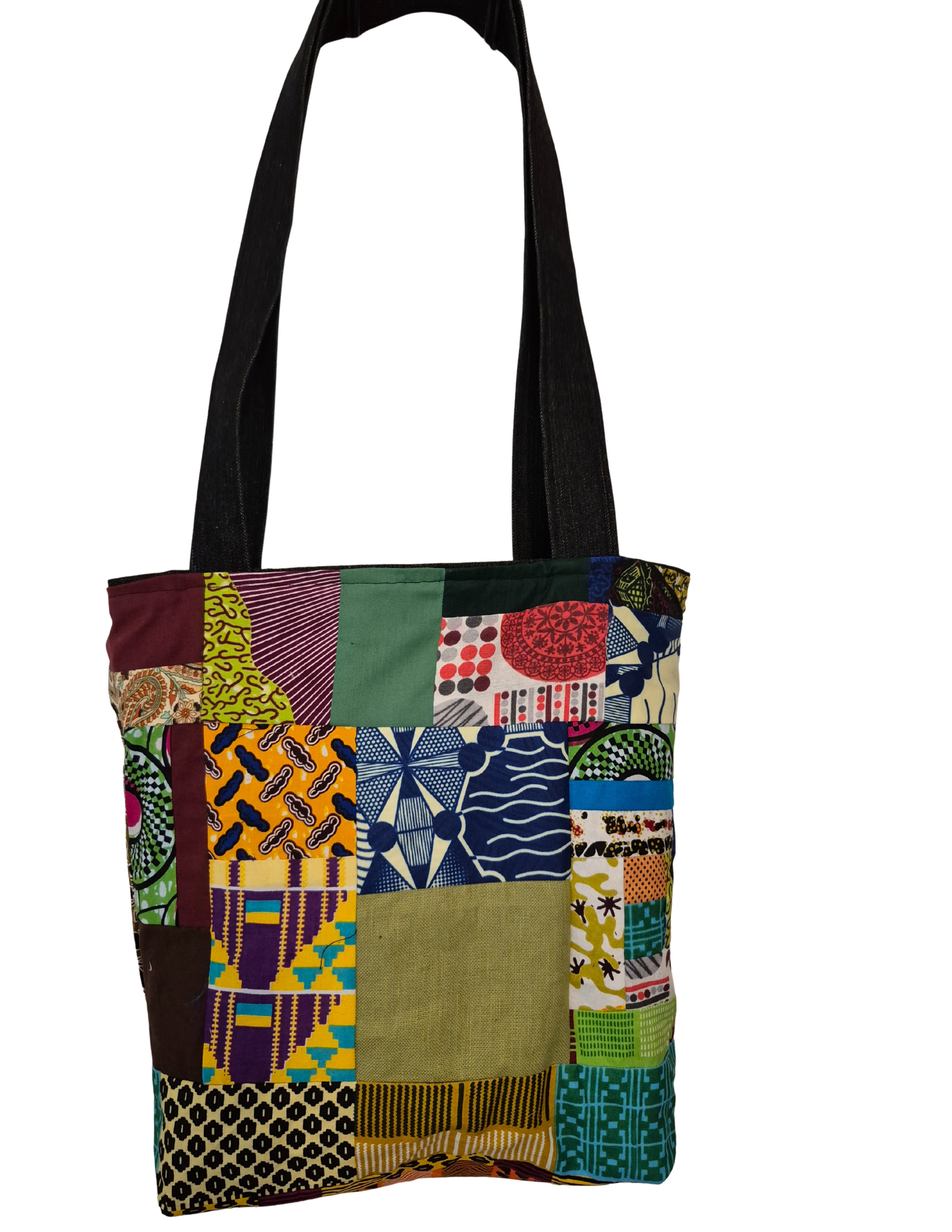 “LOVE in Denim: Square-Bottom Patchwork Tote &  Vibrant African Lining”